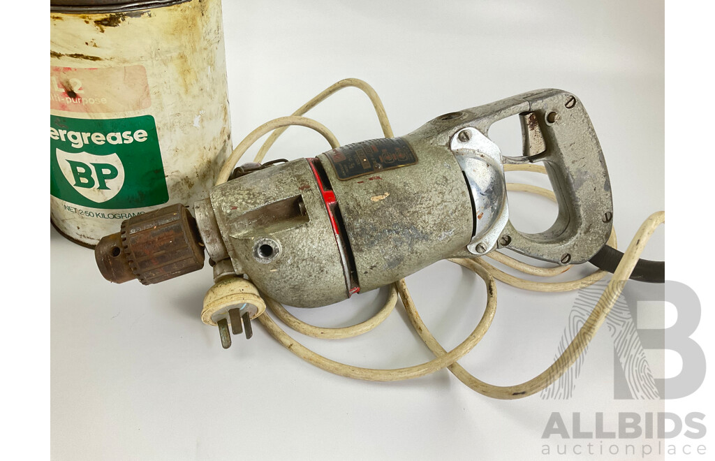 1950's Shermatic Electric Drill, with Vintage BP Energrease and Peters Ice Cream Tins