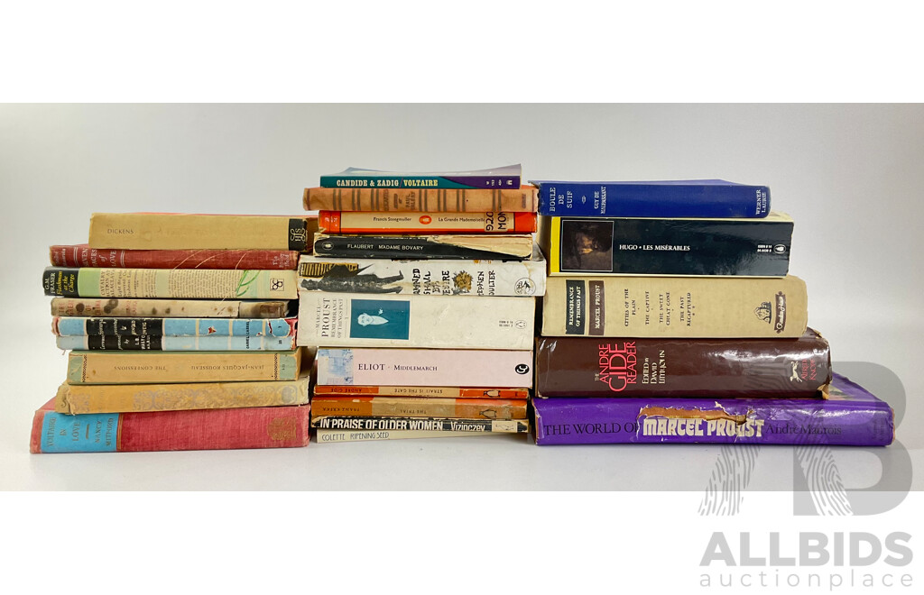 Collection of Vintage Books From Classic Authors Including Chales Dickens, Victor Hugo, Marcel Proust, Jean-jacques Rosseau, Nancy Mitford and More