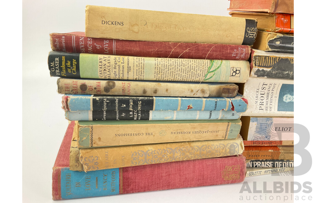 Collection of Vintage Books From Classic Authors Including Chales Dickens, Victor Hugo, Marcel Proust, Jean-jacques Rosseau, Nancy Mitford and More