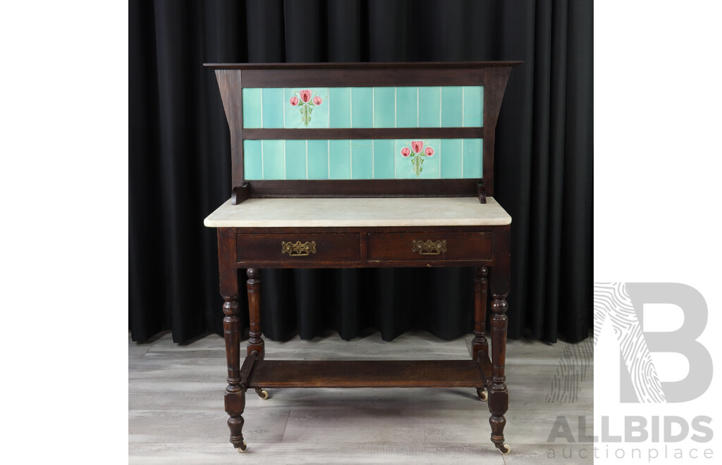 Antique Oak Wash Stand with Marble Top, Floral Tiled Back and Ceramic Castors