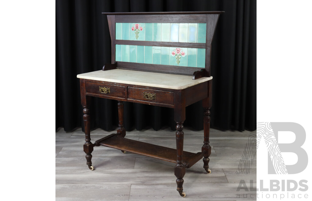 Antique Oak Wash Stand with Marble Top, Floral Tiled Back and Ceramic Castors