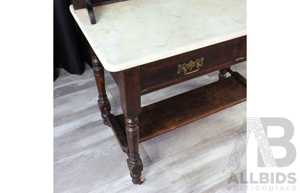 Antique Oak Wash Stand with Marble Top, Floral Tiled Back and Ceramic Castors