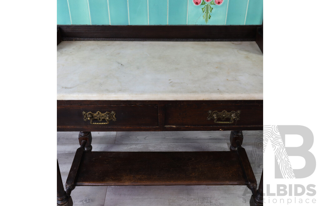 Antique Oak Wash Stand with Marble Top, Floral Tiled Back and Ceramic Castors