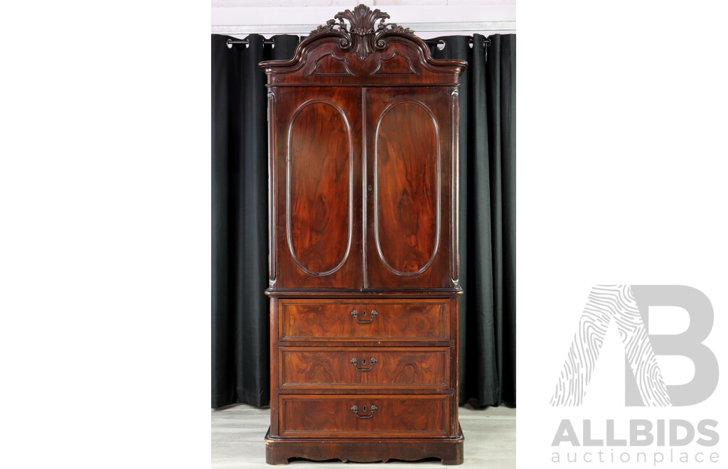 Antique Mahogany Gentlemen's Wardrobe with Carved Pelmet