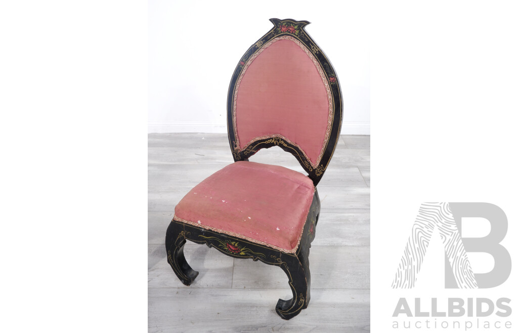 Pair of Antique Black Lacquered Chairs with Hand Painted Scrolls and Floral Design
