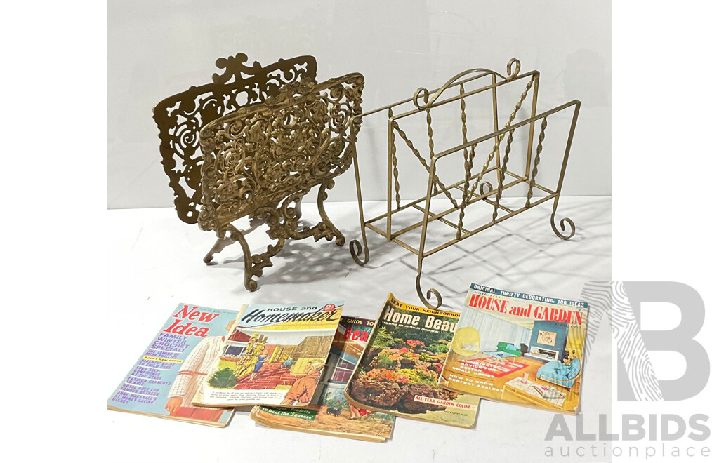 Two Vintage Metal Magazine Racks with Early 1960's Magazines, Home Beautiful, House and Home Maker, House and Garden and 1974 New Idea