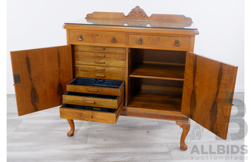 Vintage Oak Sideboard with Custom Drawers and Carved Back