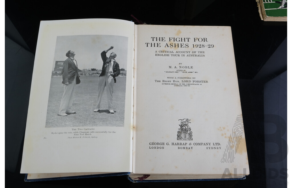 Four Vintage First Edition Hard Cover Books on Cricket, the Fight for the Ashes 1928-29, M.A Noble, George G. Harrap & Co 1929, Straight Hit, Keith Miller, Latimer House LTD 1952, Gone to the Test Match...