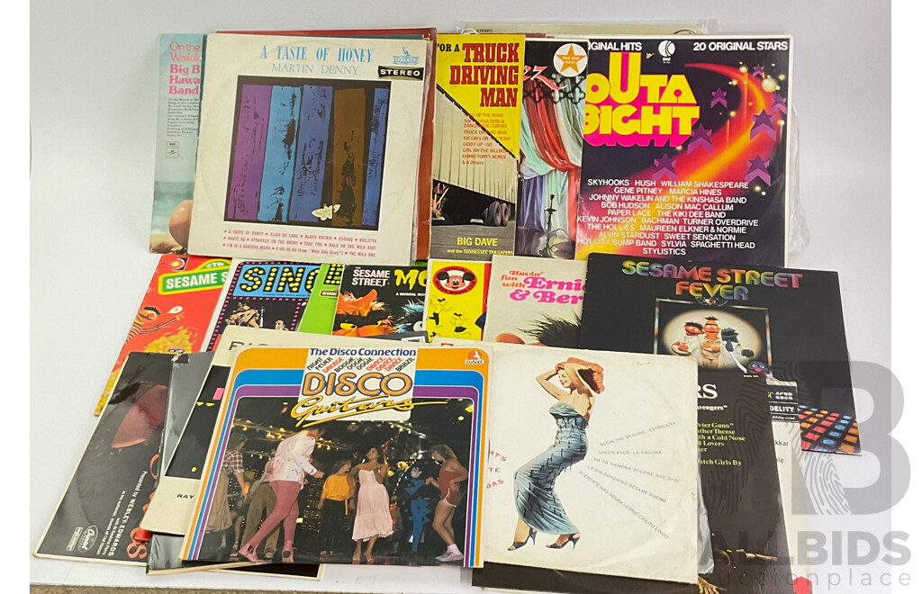 Collection of Thirty Eight Vinyl Records Including Sesamee Street Fever, Sesamee Street Monsters, Sing the Hits of Sesamee Street, Compilations, Disco Guitars, Piccadilly 2 A.M, Hits for a Truck Driving Man and More