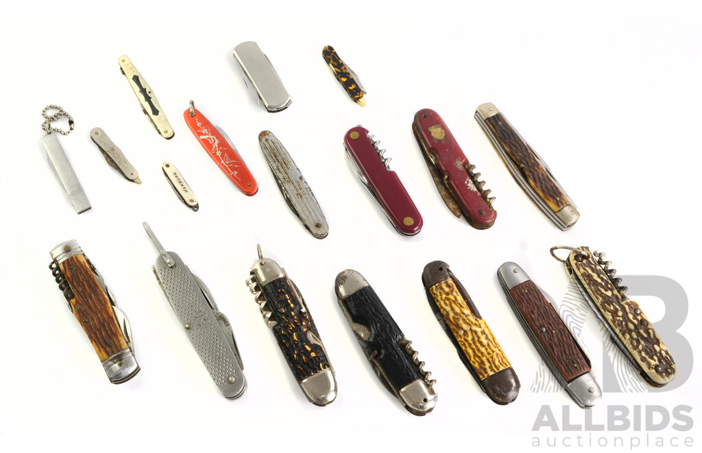 Collection of Eighteen Vintage Pocket Knives Including Okapi, Jowika, German Whale Brand, 1980 USA Milatary Issue and More
