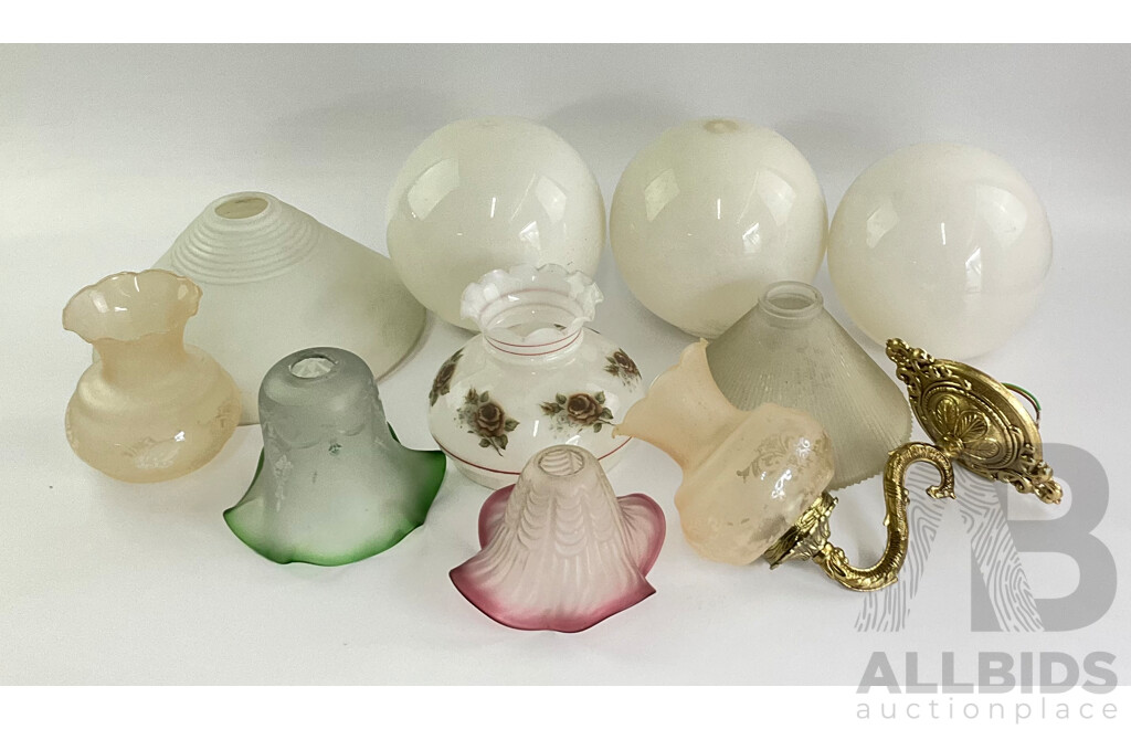 Collection of Antique and Vintage Glass Light Shades with Cast Metal Wall Sconce