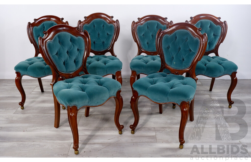 Six Mid 19th Century Button Back Dining Chairs with Carved Scroll Backs