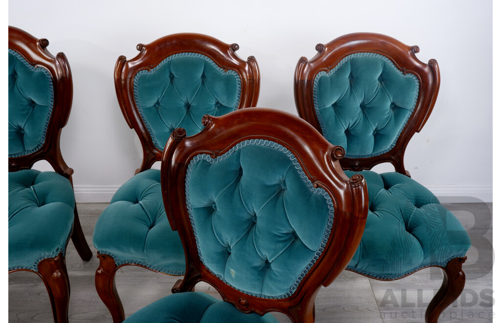Six Mid 19th Century Button Back Dining Chairs with Carved Scroll Backs