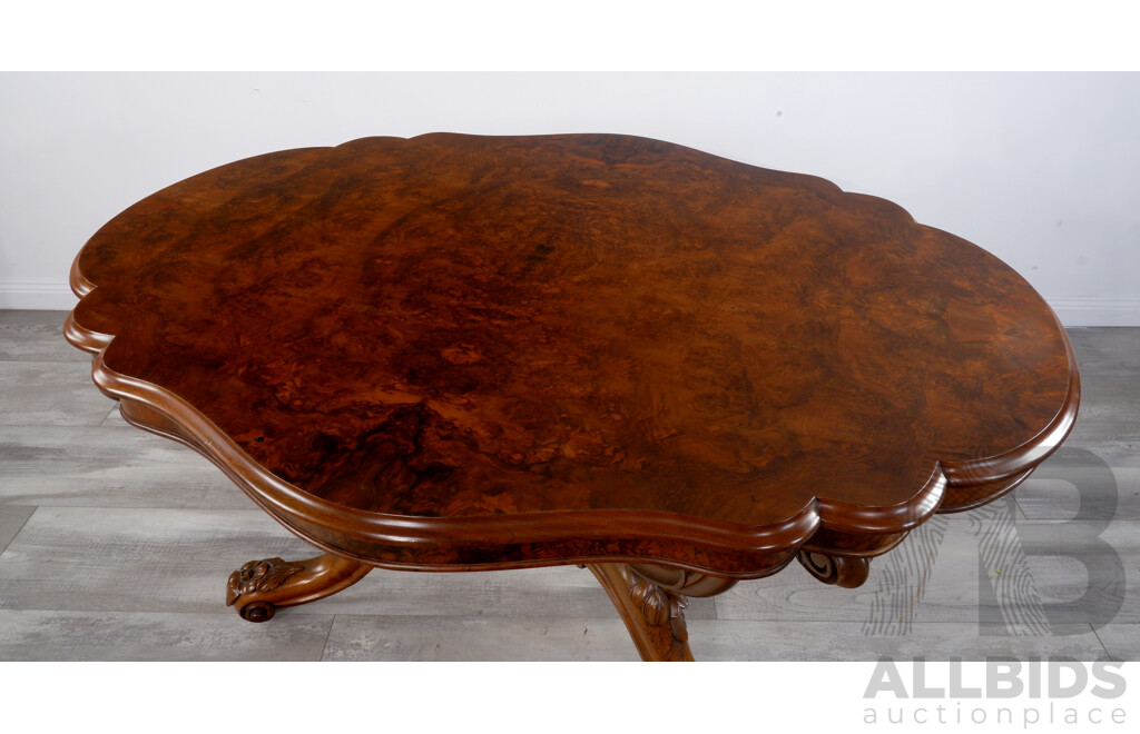 Mid 19th Century Serpentine Walnut Table with Scroll Carved Base