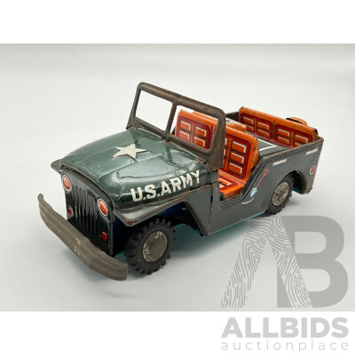 Vintage Pressed Steel Army Jeep with Friction Motor, Made in Japan