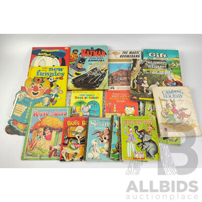 Vintage Collectable Books Including 1968 Batman Story Book Annual, Golden Books, Australian Children's Books, 'The Magic Boomerang' 'A Camping Holiday' 'The White Wallaby' and More