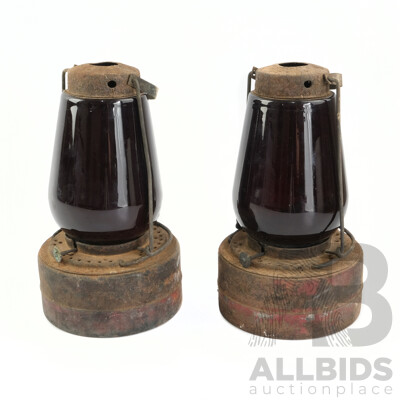 Two Antique Red Glass Railway Lamps