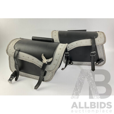 Two Motorcycle Pannier Bags, Grey and Black with Silver Studs