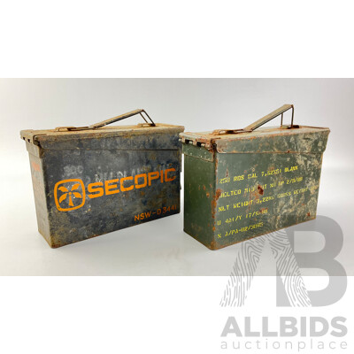 Vintage Steel Ammunition Boxes Including Secopic and Military Issue