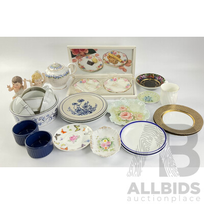 Collection of Vintage Cups and Plates Including Boxed Mikasa Bone China Plates, Noritake Bowls, Teapot, Hand Painted Display Plate and Ceramic Boy and Girl