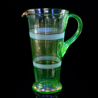 Tall Vintage Uranium Glass Pitcher with Gilt Lines