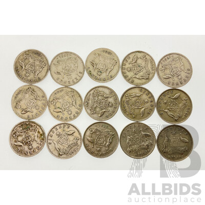 Fifteen Australian KGVI Silver Sixpence Coins, 1946 and 1951 Including Five PL London Mint .500