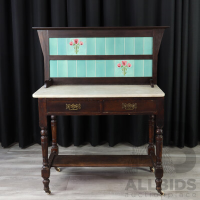 Antique Oak Wash Stand with Marble Top, Floral Tiled Back and Ceramic Castors