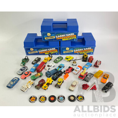 Matchbox 1981 Car Storage Cases with 1969 Hotwheels Car Badges and Vintage Matchbox and Hotwheels Cars