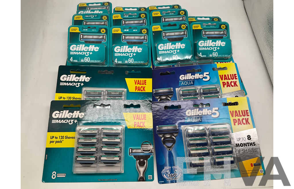 GILLETTE Match 3+,  5 Aqua Blades Packs of 8 and Match3+ Packs of 4 - Lot of 15 - ORP $368.00