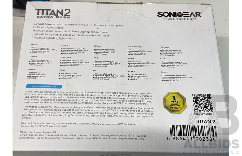 SONICGEAR Titan 2 (Black) 2.0 USB Speaker with Multi Color LED - Lot of 9