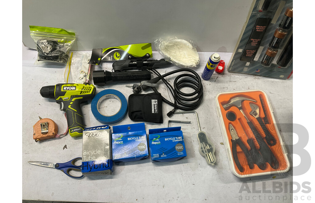 RYOBI 8V Drill, Hardware Tool Set, MAGLITE Flashlight, Bicycle Pump & Assorted Items