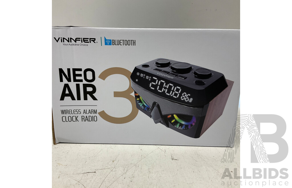 VINNFIER Neo Air 3 Wireless Portable Bluetooth Speaker with Alarm Clock FM Radio - Black - Lot of 12 - Estimated Total ORP $1,000.000