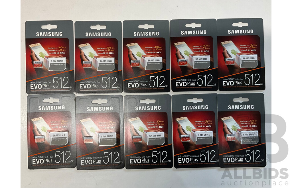 SAMSUNG EVO Plus MicroSD Card 512G with SD Adapter - MB-MC512GA - Lot of 10 - Estimated Total ORP $799.00