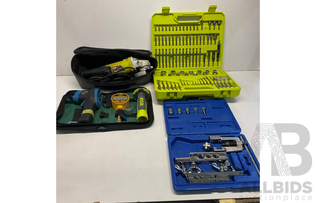 RYOBI 750W Angle Grinder & Drill and Drive Kit with Case & Jigsaw (Tool Only ) & Assorted of Tools - Lot of 5