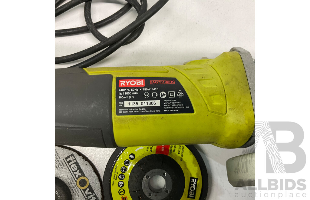 RYOBI 750W Angle Grinder & Drill and Drive Kit with Case & Jigsaw (Tool Only ) & Assorted of Tools - Lot of 5