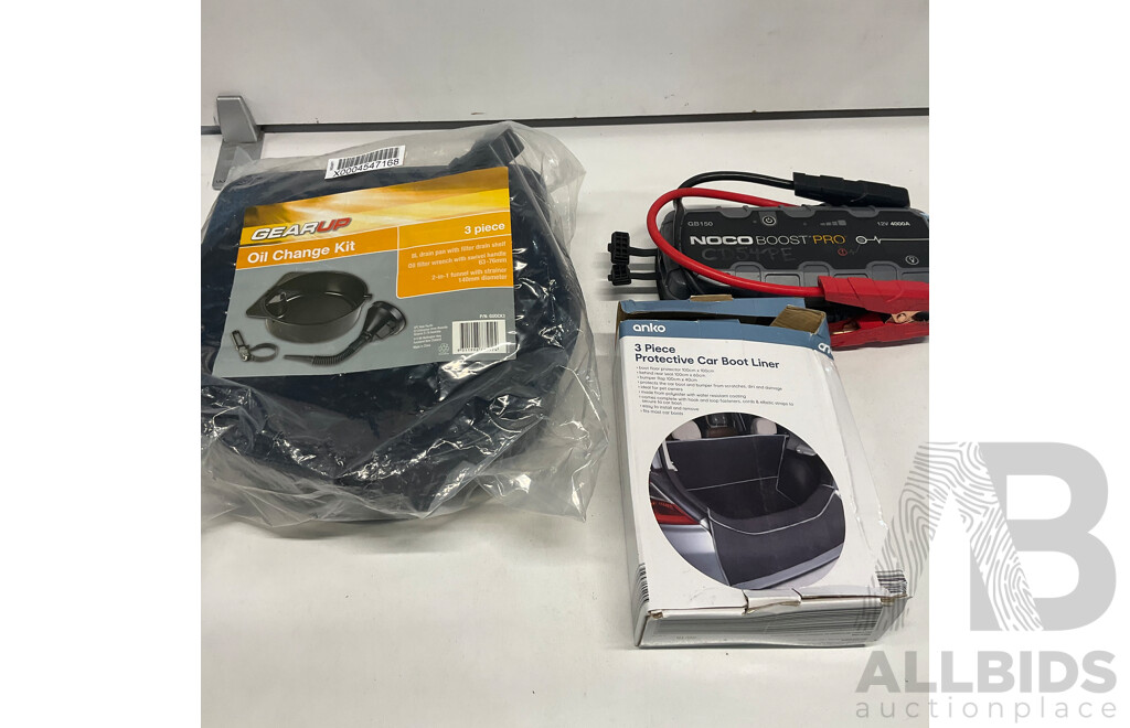 NOCO Boost Pro GB150 Jump Starter & GEAR UP Oil Change Kit & ANKO 3 Piece Protective Car Boot Liner - Lot of 3 -Estimated Total ORP$600.00
