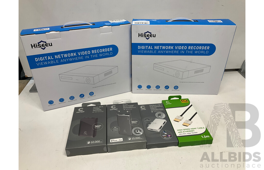 HISEEU Digital Network Video Recorer X2 & COMSOL Power Bank Charger & Dual Adapter & HDMI Cable - Lot of 6 - Estimated Total $350.00