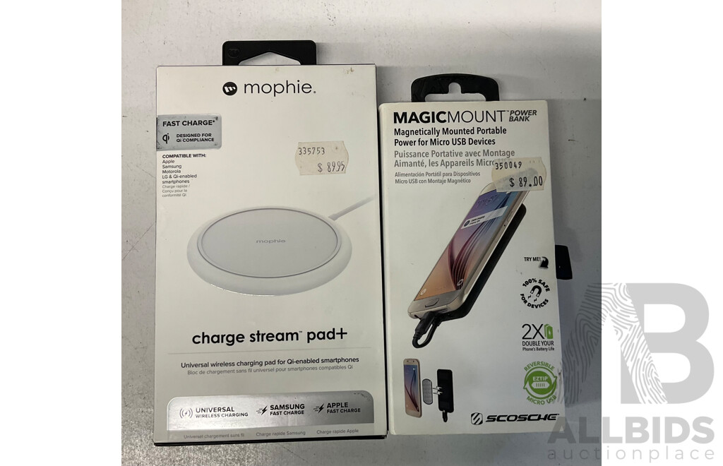 MOPHIE Charge Stream Pad &SCOSCHE Magicmount Power Bank - Lot of 2 - Estimated Total ORP $179.00