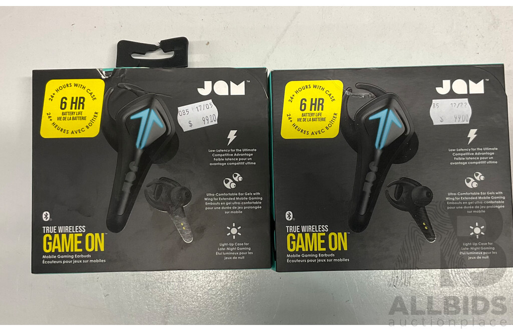JAM Ture Wireless GAME on Mobile Gaming Earbuds (Black )  - Lot of 2 - Estimated Total ORP$ 198.00