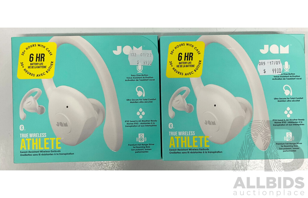 JAM Ture Wireless ATHLETE Earbuds (White)  - Lot of 2 - Estimated Total ORP$ 198.00