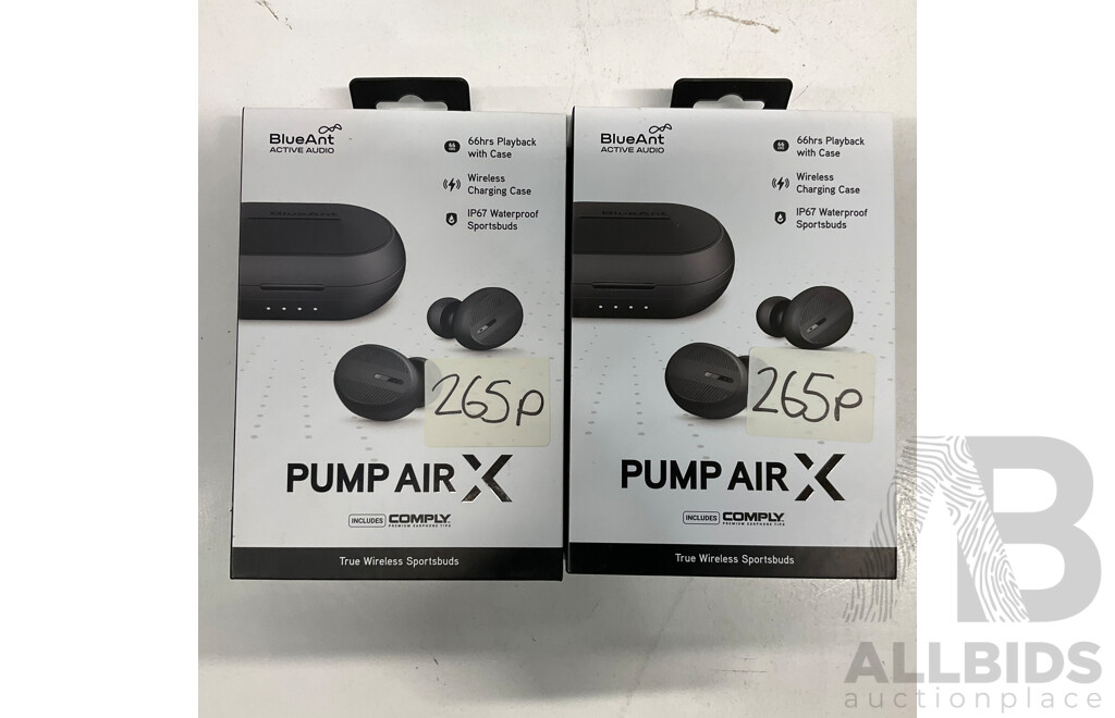 BLUEANT Pump Air X True Wireless Sportsbuds X2 & SKULLCANDY True Freedom Amplified Earbuds - Lot of 3 - Estimated Total ORP$ 500.00