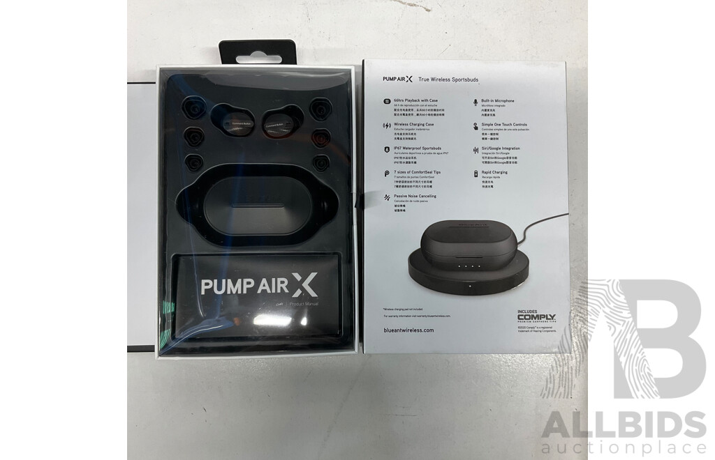 BLUEANT Pump Air X True Wireless Sportsbuds X2 & SKULLCANDY True Freedom Amplified Earbuds - Lot of 3 - Estimated Total ORP$ 500.00
