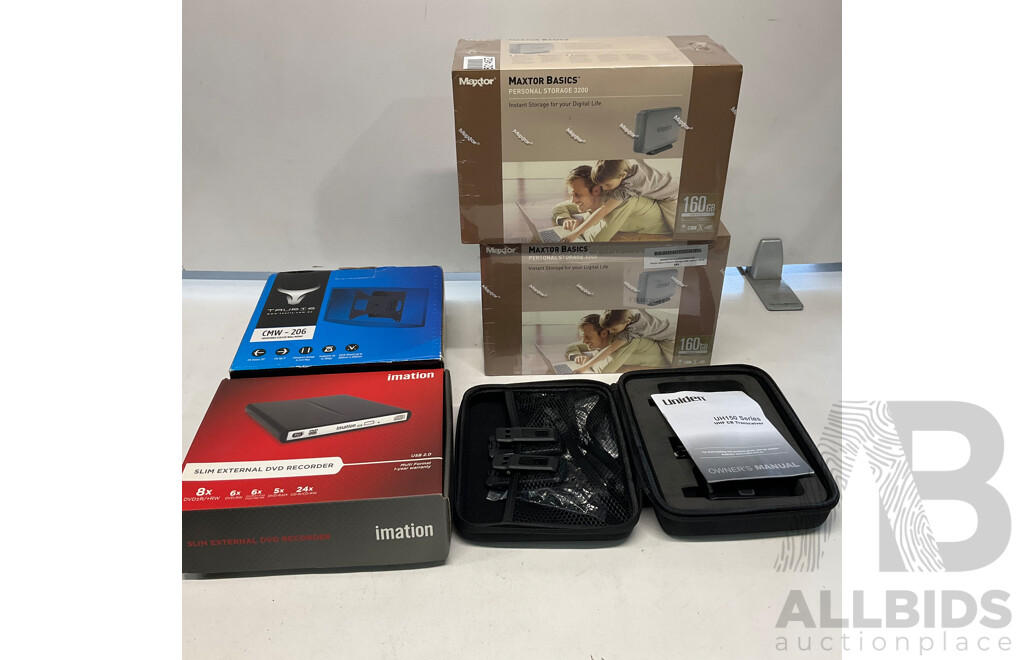 MAXTOR Personal Storage 3200 X2 & UNIDEN UH150 Transceiver & TAURIS Wall Mount & IMATION DVD Recorder - Lot of 5 - Estimated Total ORP $399.00