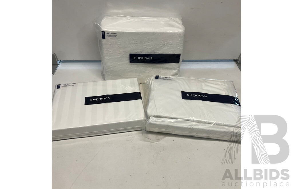 SHERIDAN Queen Sateen Quilt Cover Set X2 & Queen Sateen Sheet Set (500 Tc) (White) - Lot of 3 - Estimated Total ORP $600.00