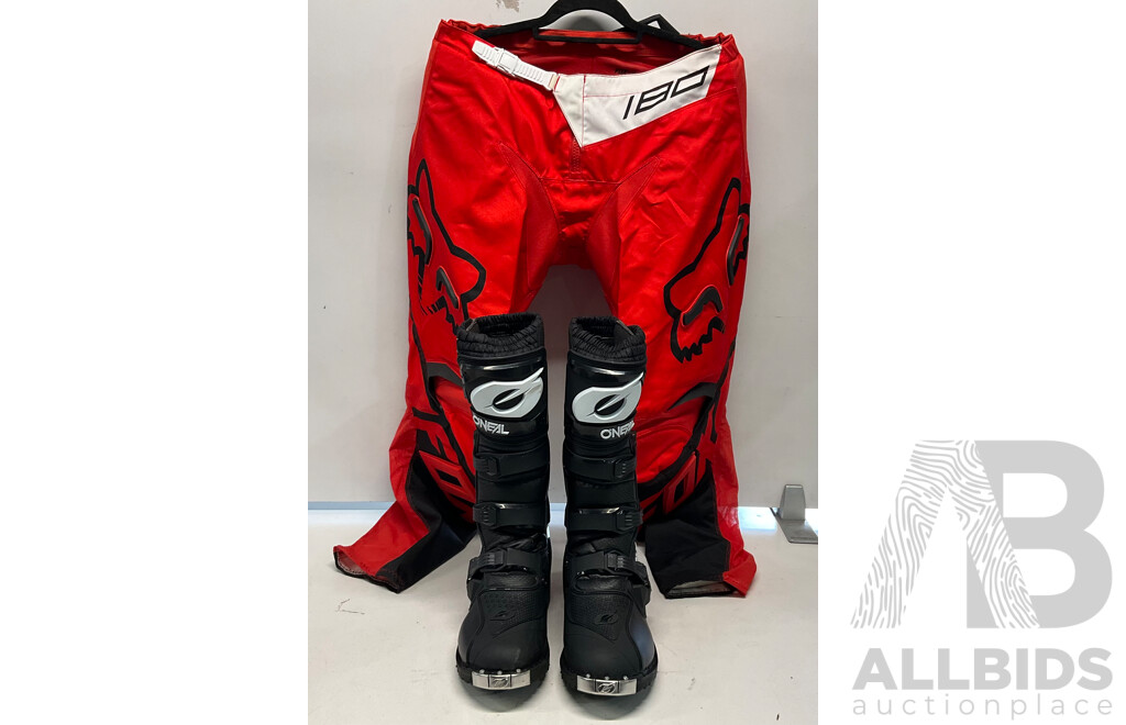 ONEAL Rider Pro Black Boots (Size10/43)  & Fox 180 Red/Black Pants (Size 36) - Lot of 2 -  Estimated Total ORP$350.00