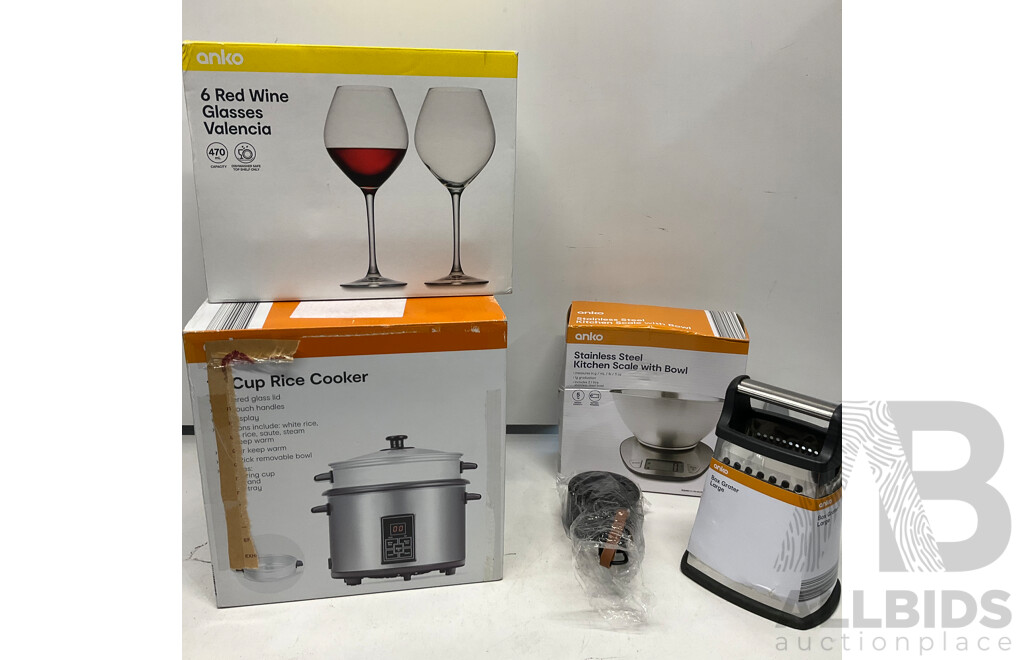 ANKO 10 Cup Rice Cooker & 6 Red Wine Glasses & Assorted of Kitchenware  - Lot of 5