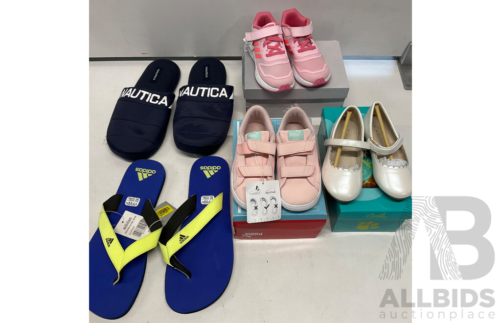 ADIDAS, NAUTICA Men's Slippers & ADIDAS, PUMA,GROSBY Girls Shoes - Lot of 5 - Estimated Total $250.00