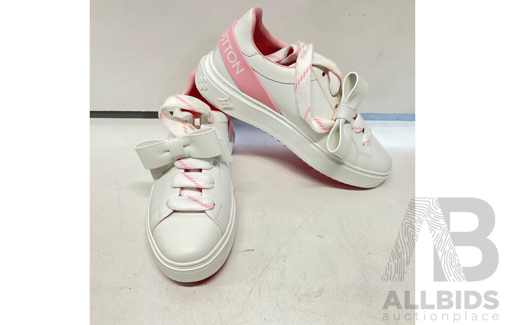 LOUIS VUITTON Calfskin Time Out Bow Sneakers  White Pink Size 38.5