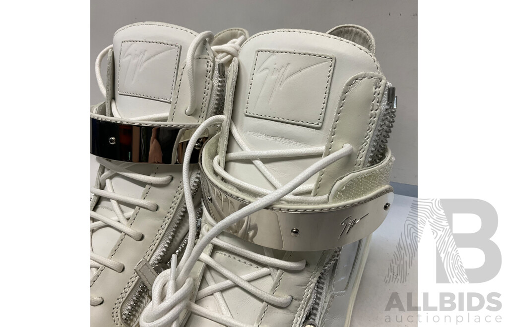 GIUSEPPE ZANOTTI Mens White Leather  Double Side Zip Mid Top Sneakers Size 42