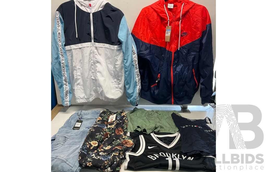 GUESS, NIKE Jackets & Assorted of Clothing for Men/Women (Size M/10/31/16Y) - Lot of 7 - Estimated Total $400.00